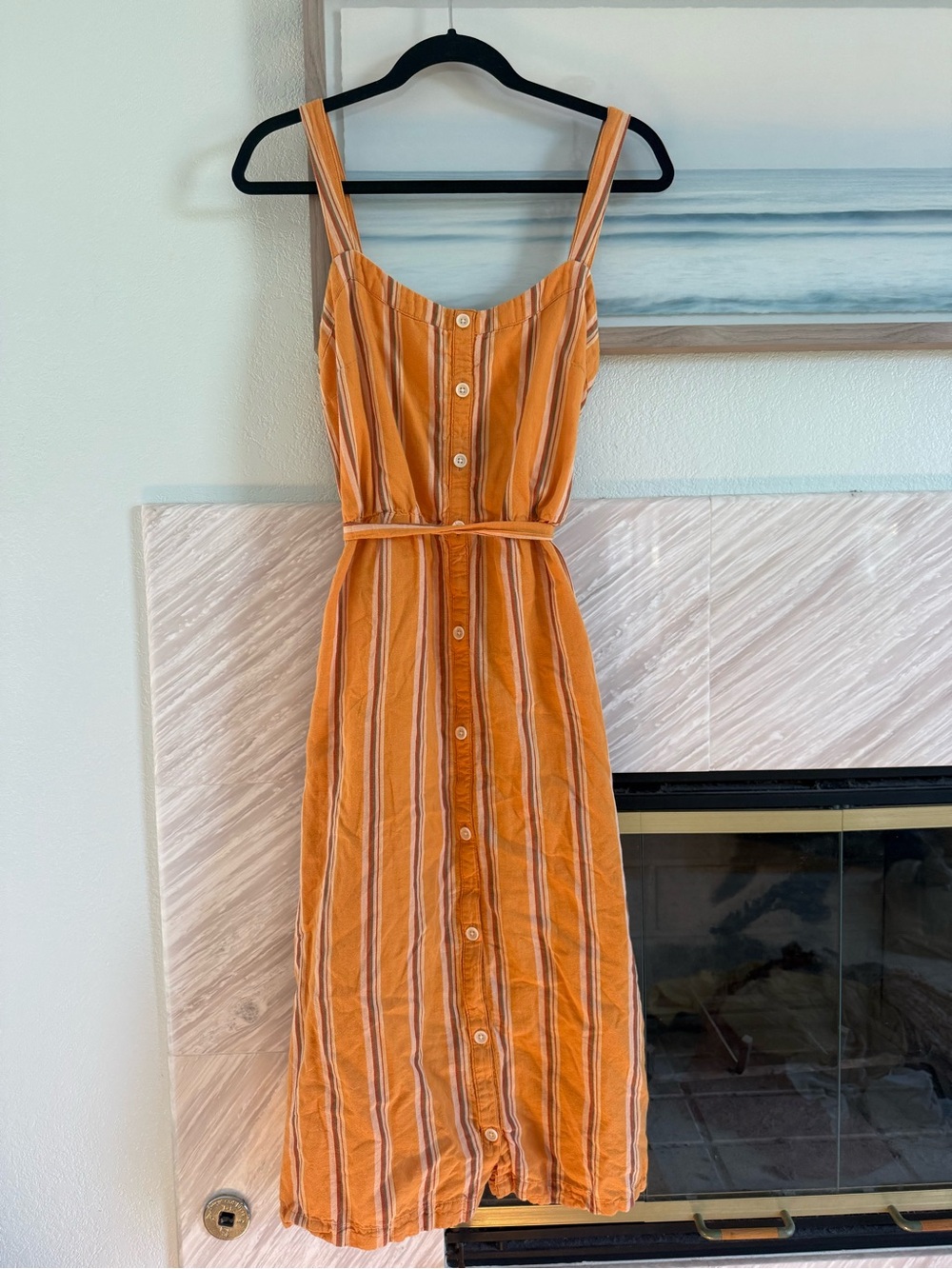 Pact organic Striped Orange Button-Front Midi Dress with Tie Waist